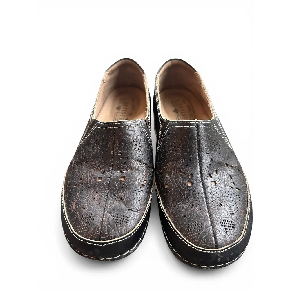 Spring Step L'Artiste Loafers Women 39 Black Excellent Floral Laser Cut Leather